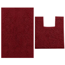 Load image into Gallery viewer, 2 Piece Bath Rug + Square Cutout Toilet Mat Set, Maroon