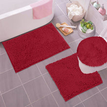 Load image into Gallery viewer, 3pc Set (Style B) Bath Rug + U Shape Toilet Mat + Round Toilet Lid Cover Rug, Maroon-red