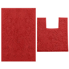 Load image into Gallery viewer, 2 Piece Bath Rug + Square Cutout Toilet Mat Set, Red