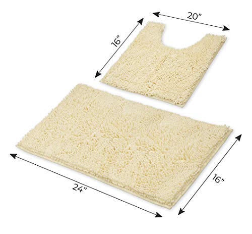 LuxUrux Bathroom Rugs Luxury Chenille 2-Piece Bath Mat Set, Soft Plush Anti-Slip Bath Rug +Toilet Mat.1'' Microfiber Shaggy Carpet, Super Absorbent (Curved Set Small, Cream)