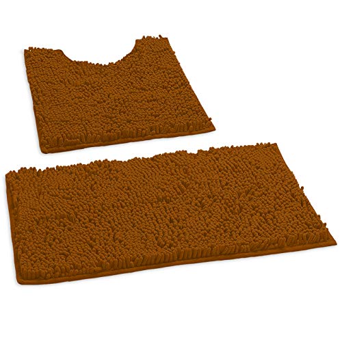 LuxUrux Bathroom Rugs Luxury Chenille 2-Piece Bath Mat Set, Soft Plush Anti-Slip Bath Rug +Toilet Mat.1'' Microfiber Shaggy Carpet, Super Absorbent (Curved Set Small, Pumpkin)