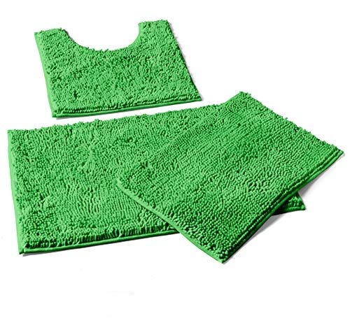 LuxUrux Bathroom Rugs 3pc Non-Slip Shaggy Chenille Bathroom Mat Set, Includes U-Shaped Contour Toilet Mat, 20 x 30'' and 16 x 24'' Bath Mat, Machine Washable (3 Pc Set - Style A, Green)