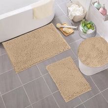 Load image into Gallery viewer, 3pc Set (Style C) Bath Rugs + Round Toilet Lid Rug, Beige
