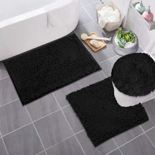 Load image into Gallery viewer, 3pc Set (Style B) Bath Rug + U Shape Toilet Mat + Round Toilet Lid Cover Rug, Black

