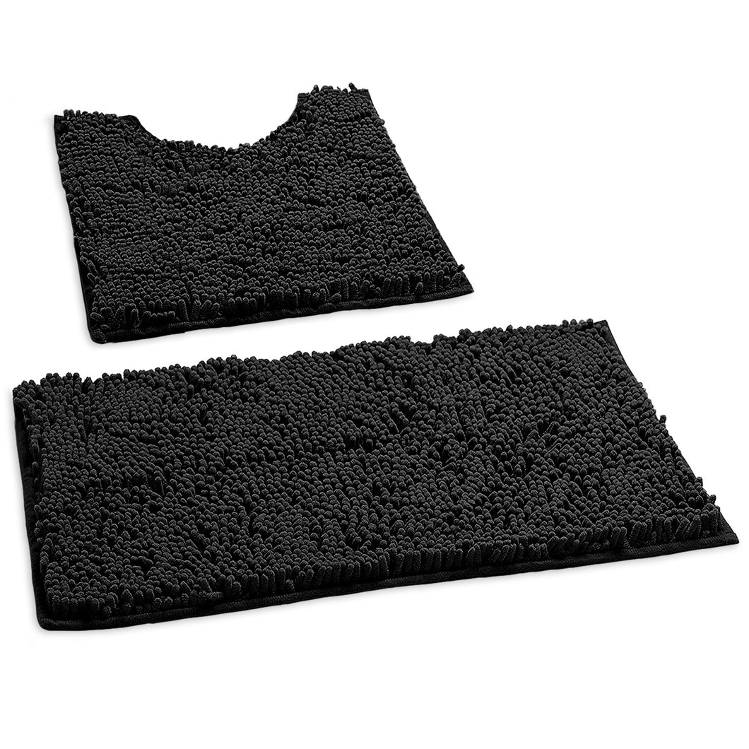 Luxury Chenille Bathroom Rugs 2-Piece Bath Mat Set, Small, Black