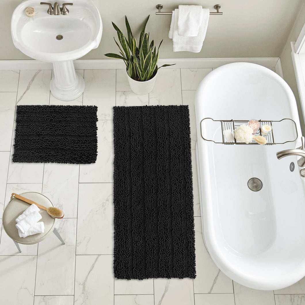 2 Piece Rectangular Bath Rug Set, 15x23 + 27x47 inch, Black
