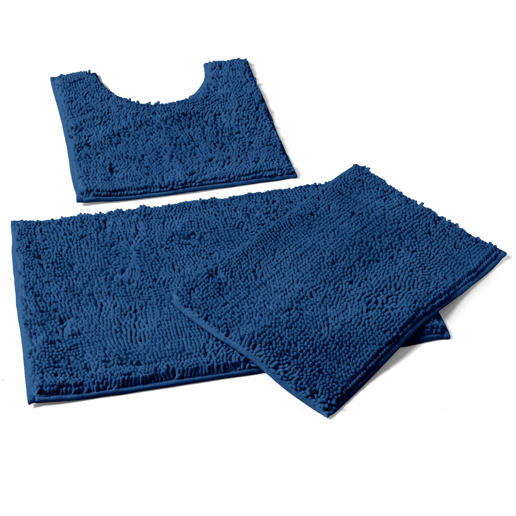 3 Piece Set (Style A) Bath Rugs + U Shape Toilet Mat, Blue