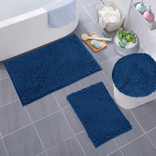 Load image into Gallery viewer, 3pc Set (Style C) Bath Rugs + Round Toilet Lid Rug, Blue
