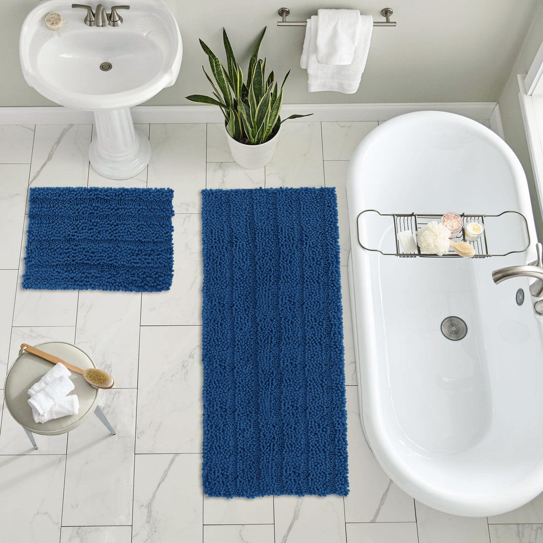 2 Piece Rectangular Bath Rug Set, 15x23 + 27x47 inch, Blue