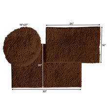 Load image into Gallery viewer, 3pc Set (Style C) Bath Rugs + Round Toilet Lid Rug, Brown
