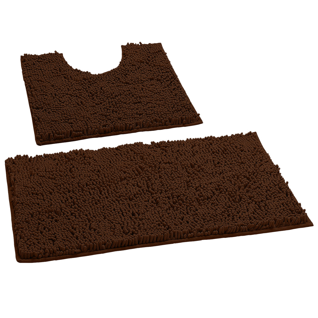 LuxUrux Bathroom Rugs Luxury Chenille 2-Piece Bath Mat Set, Brown