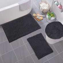 Load image into Gallery viewer, 3pc Set (Style C) Bath Rugs + Round Toilet Lid Rug, Charcoal
