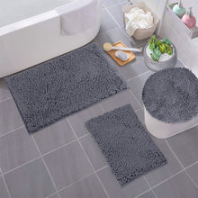 Load image into Gallery viewer, 3pc Set (Style C) Bath Rugs + Round Toilet Lid Rug, Dark Grey
