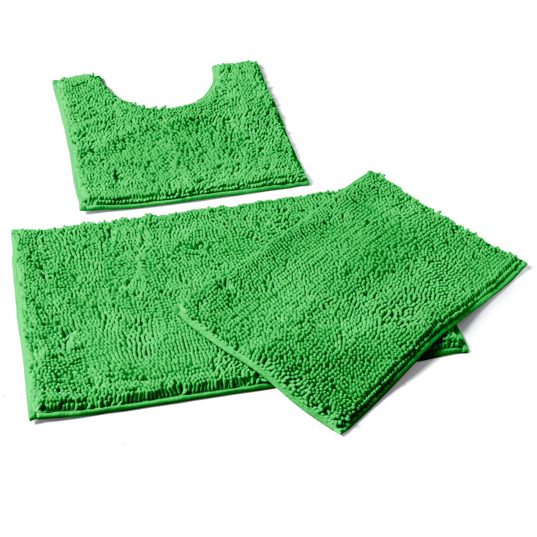 3 Piece Set (Style A) Bath Rugs + U Shape Toilet Mat, Green