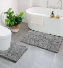 Load image into Gallery viewer, LuxUrux Luxury Chenille 2-Piece Set, Bath Rug + Toilet Mat | 1&quot; Microfiber Shaggy, Super Absorbent | 20-30 &amp; 20-20 U inches | Grey
