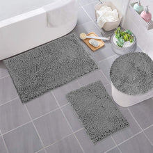 Load image into Gallery viewer, 3pc Set (Style C) Bath Rugs + Round Toilet Lid Rug, Light Grey
