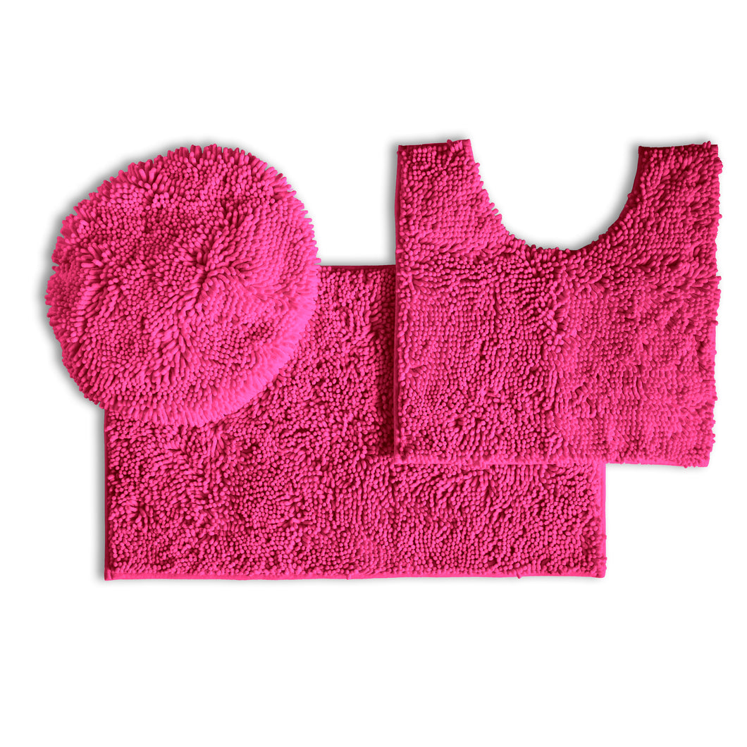 3pc Set (Style B) Bath Rug + U Shape Toilet Mat + Round Toilet Lid Cover Rug, Hot Pink