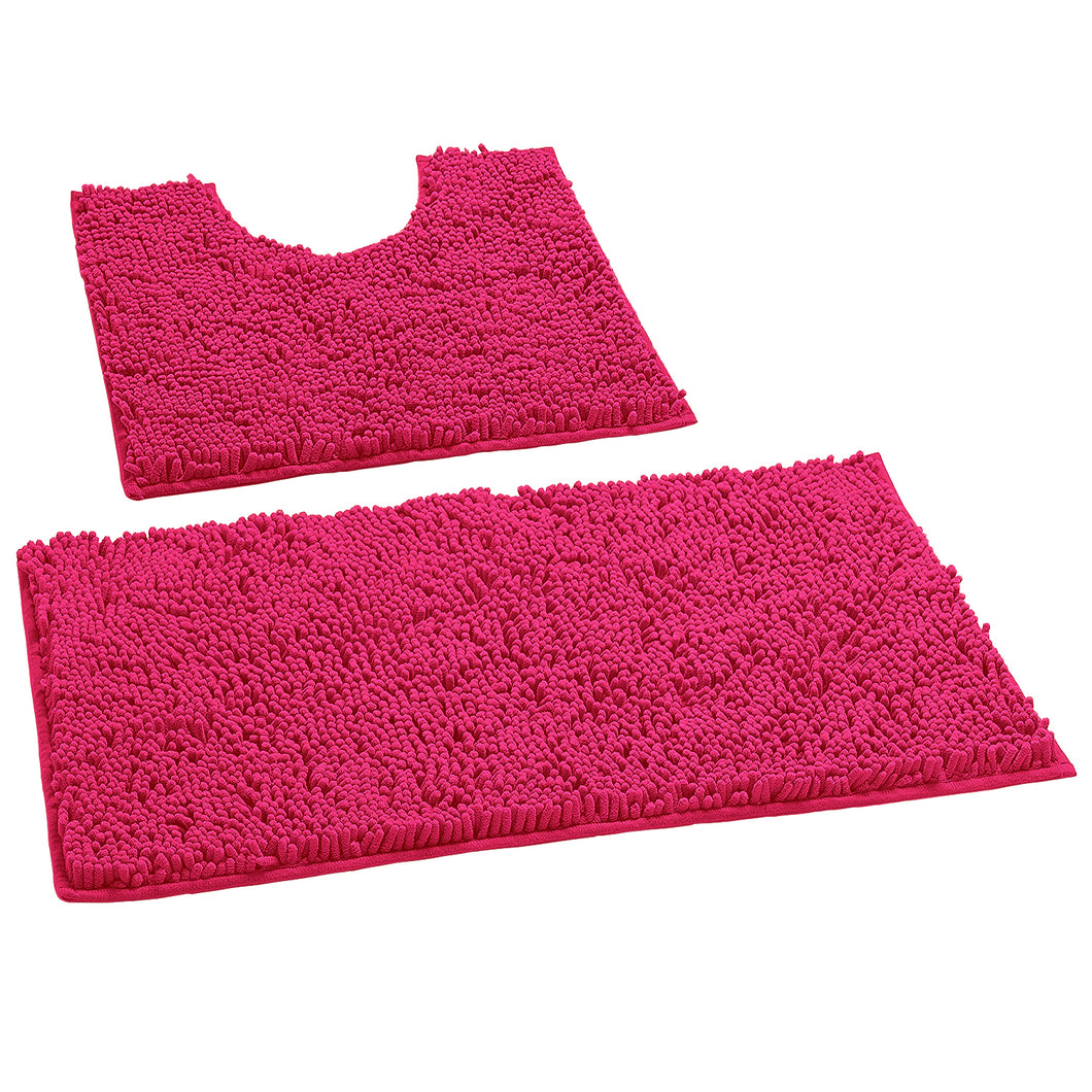 LuxUrux Bathroom Rugs Luxury Chenille 2-Piece Bath Mat Set, Hot Pink