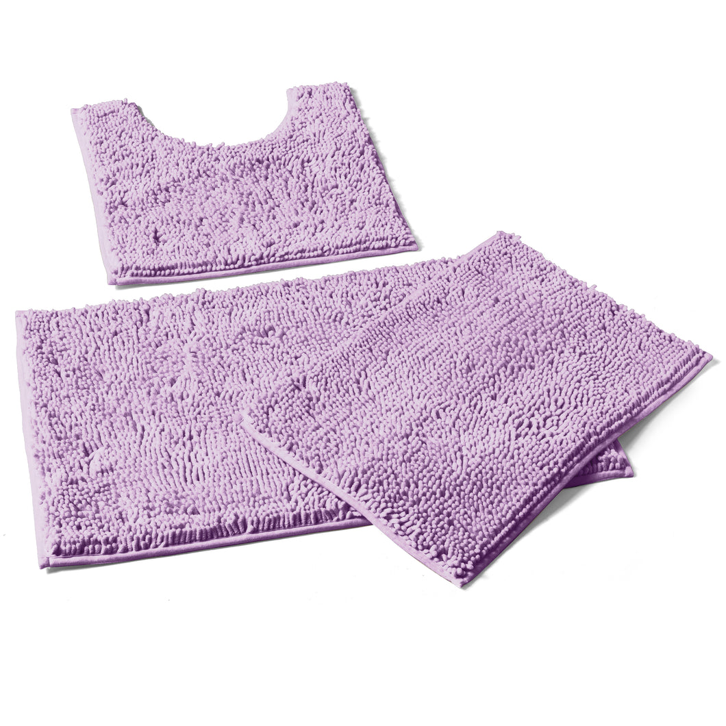 3 Piece Set (Style A) Bath Rugs + U Shape Toilet Mat, Lavender