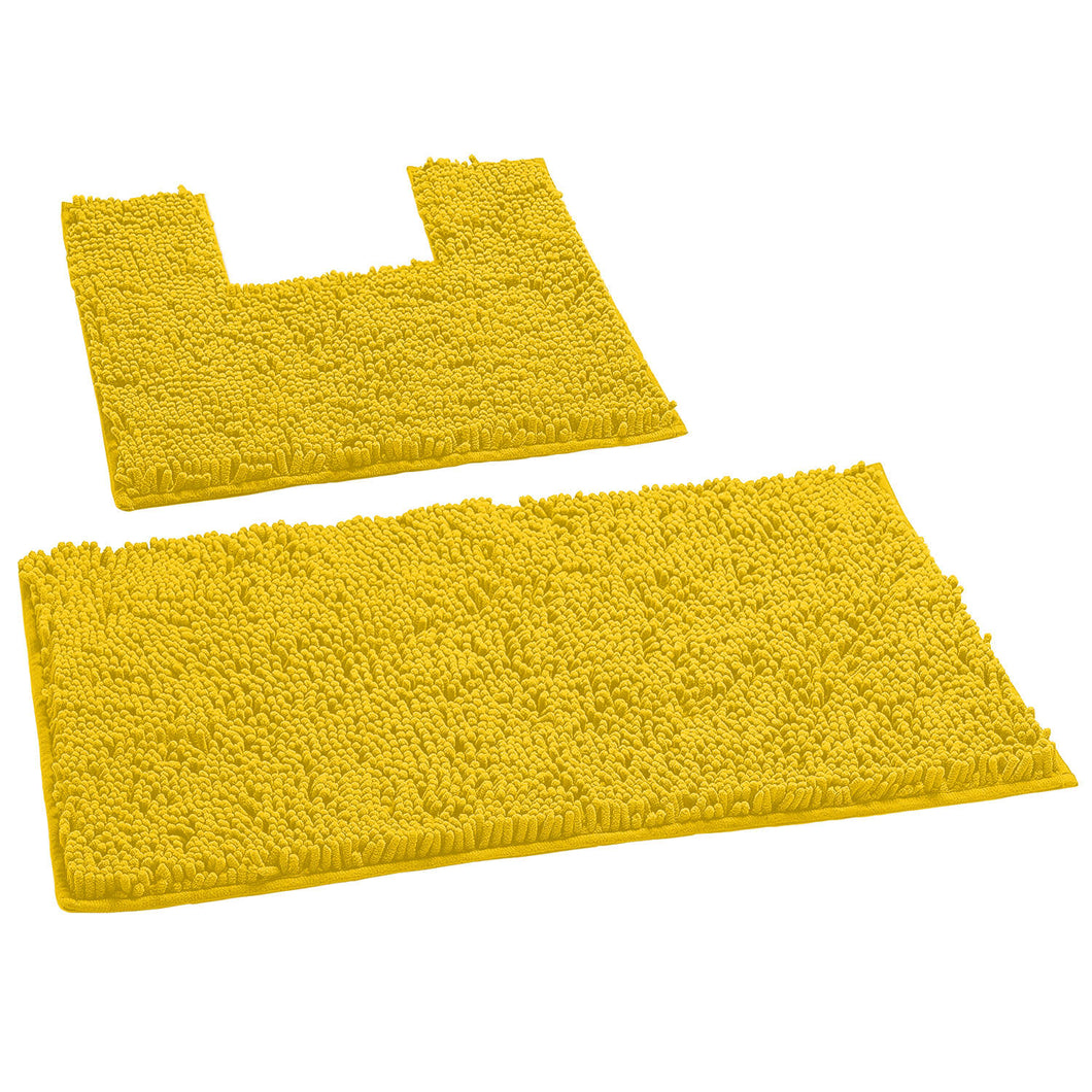 2 Piece Bath Rug + Square Cutout Toilet Mat Set, Lemon Yellow