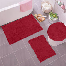 Load image into Gallery viewer, 3pc Set (Style C) Bath Rugs + Round Toilet Lid Rug, Maroon-red
