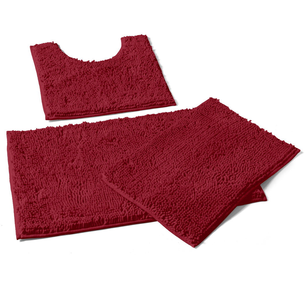 3 Piece Set (Style A) Bath Rugs + U Shape Toilet Mat, Maroon-red