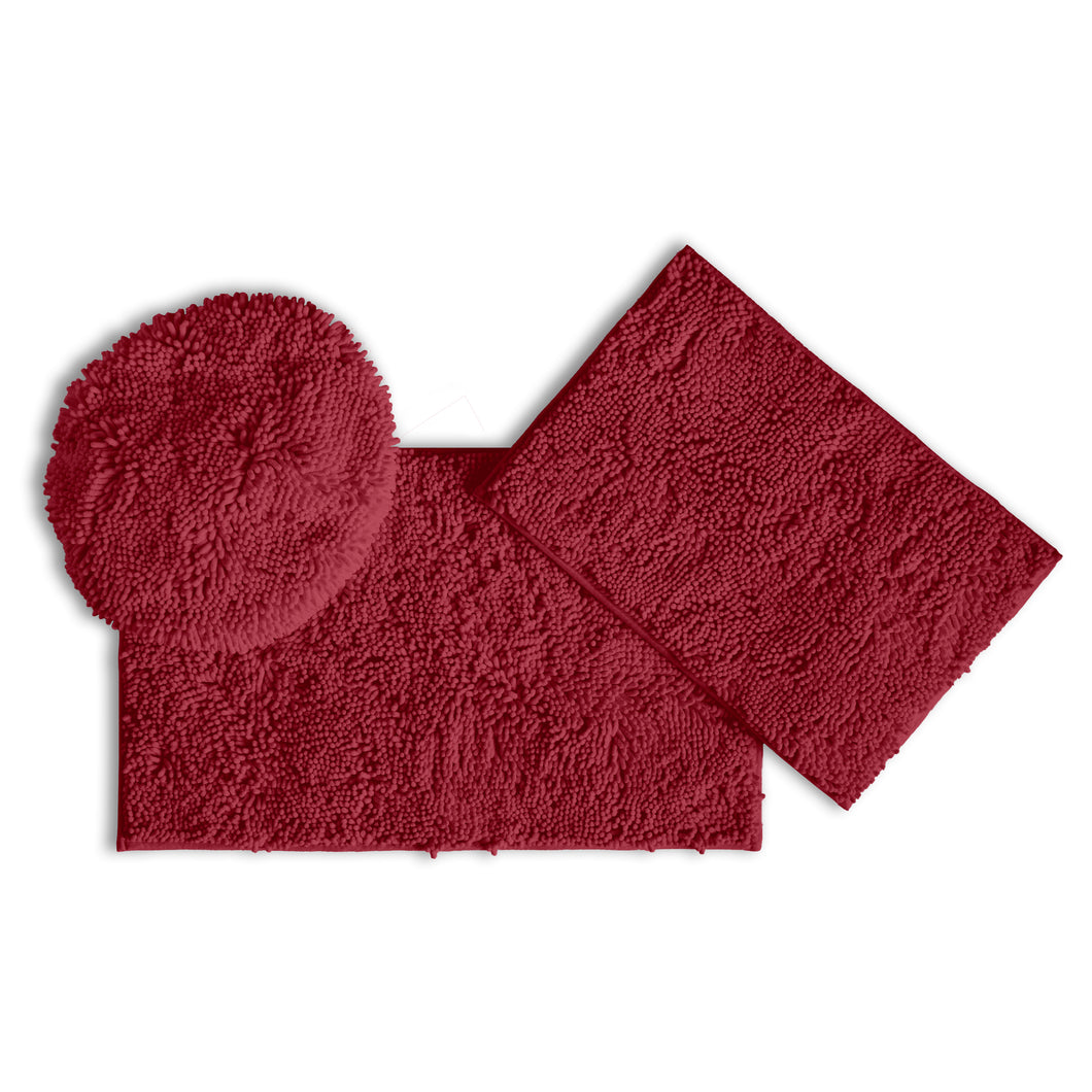 3pc Set (Style C) Bath Rugs + Round Toilet Lid Rug, Maroon-red