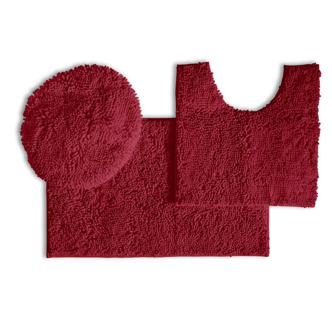 3pc Set (Style B) Bath Rug + U Shape Toilet Mat + Round Toilet Lid Cover Rug, Maroon-red