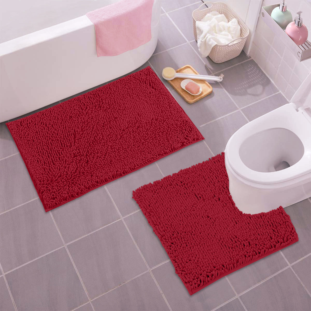 H.VERONNEX Luxury Chenille Red Bathroom Rugs Sets 2 Piece, Thickened Hot  Melt Rubber Bottom Bath Mats for Bathroom Non Slip,Bath Rugs Quick Dry