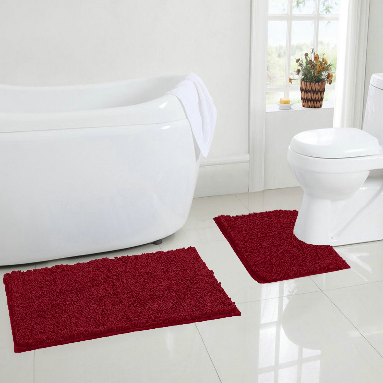 Luxury Chenille Coral Pink Bathroom Rugs Bath Mats Sets, Extra Soft and  Absorben