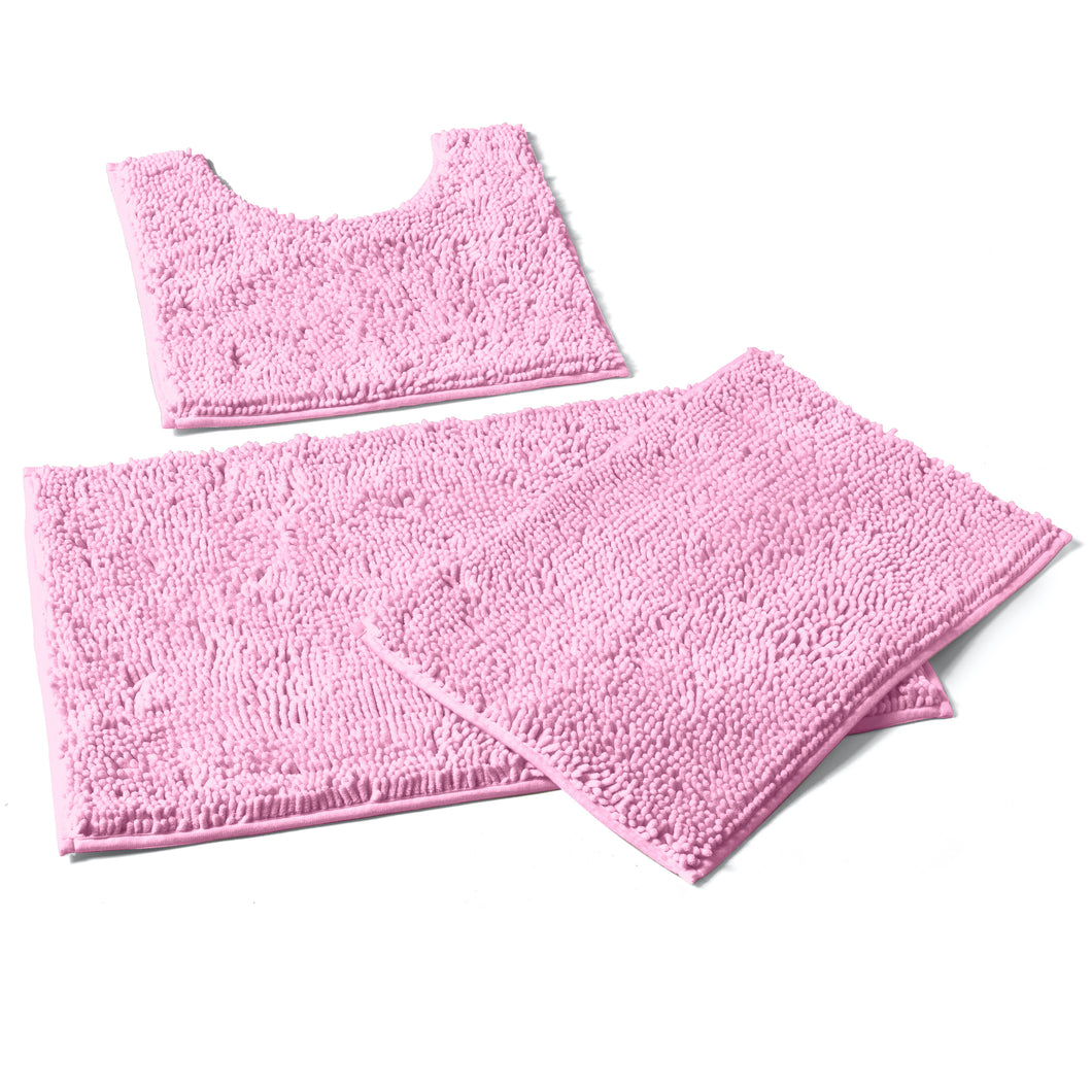 3 Piece Set (Style A) Bath Rugs + U Shape Toilet Mat, Pink