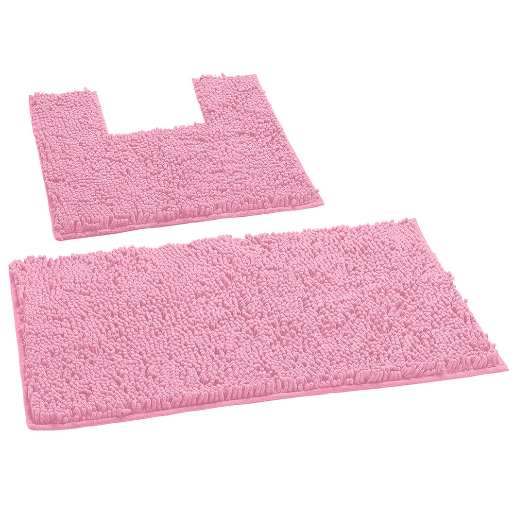 2 Piece Bath Rug + Square Cutout Toilet Mat Set, Pink