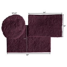 Load image into Gallery viewer, 3pc Set (Style C) Bath Rugs + Round Toilet Lid Rug, Plum
