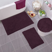 Load image into Gallery viewer, 3pc Set (Style C) Bath Rugs + Round Toilet Lid Rug, Plum
