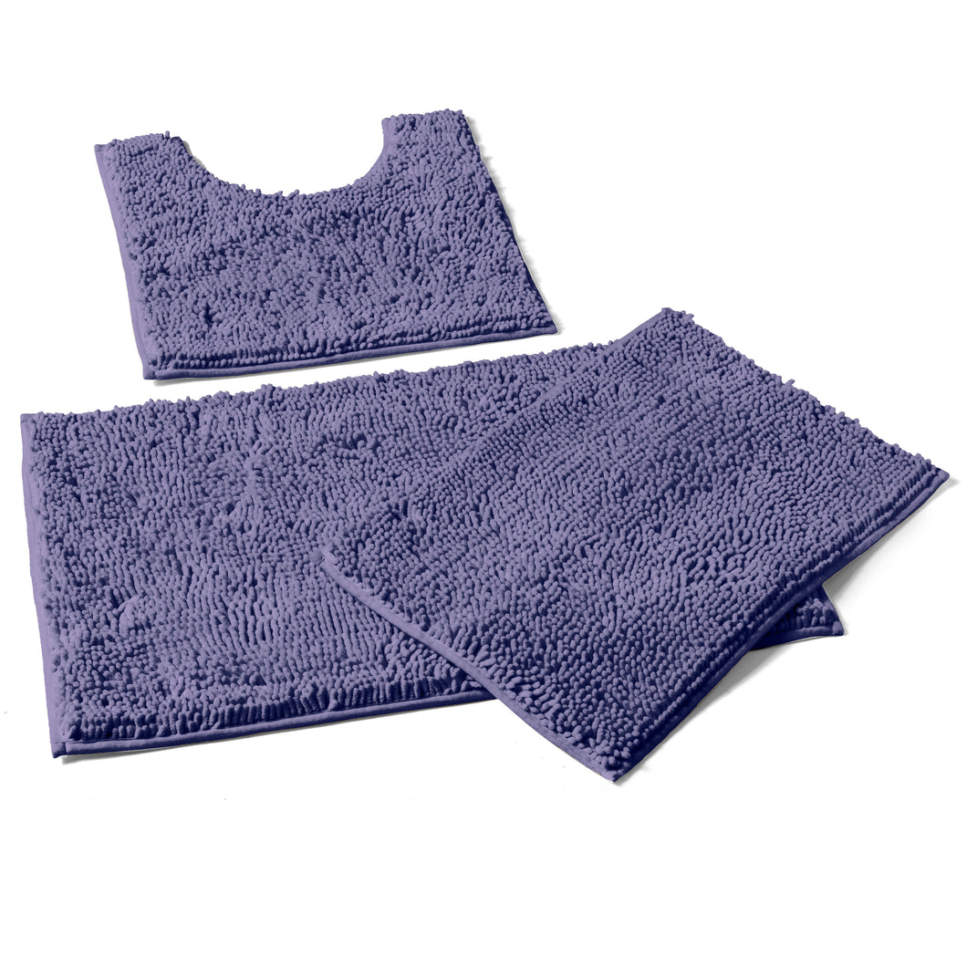 3 Piece Set (Style A) Bath Rugs + U Shape Toilet Mat, Blue-purple