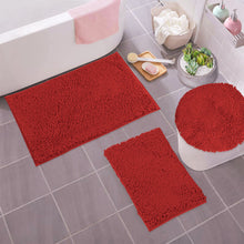 Load image into Gallery viewer, 3pc Set (Style C) Bath Rugs + Round Toilet Lid Rug, Red
