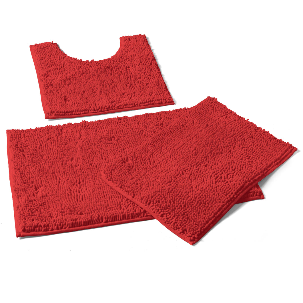3 Piece Set (Style A) Bath Rugs + U Shape Toilet Mat, Red