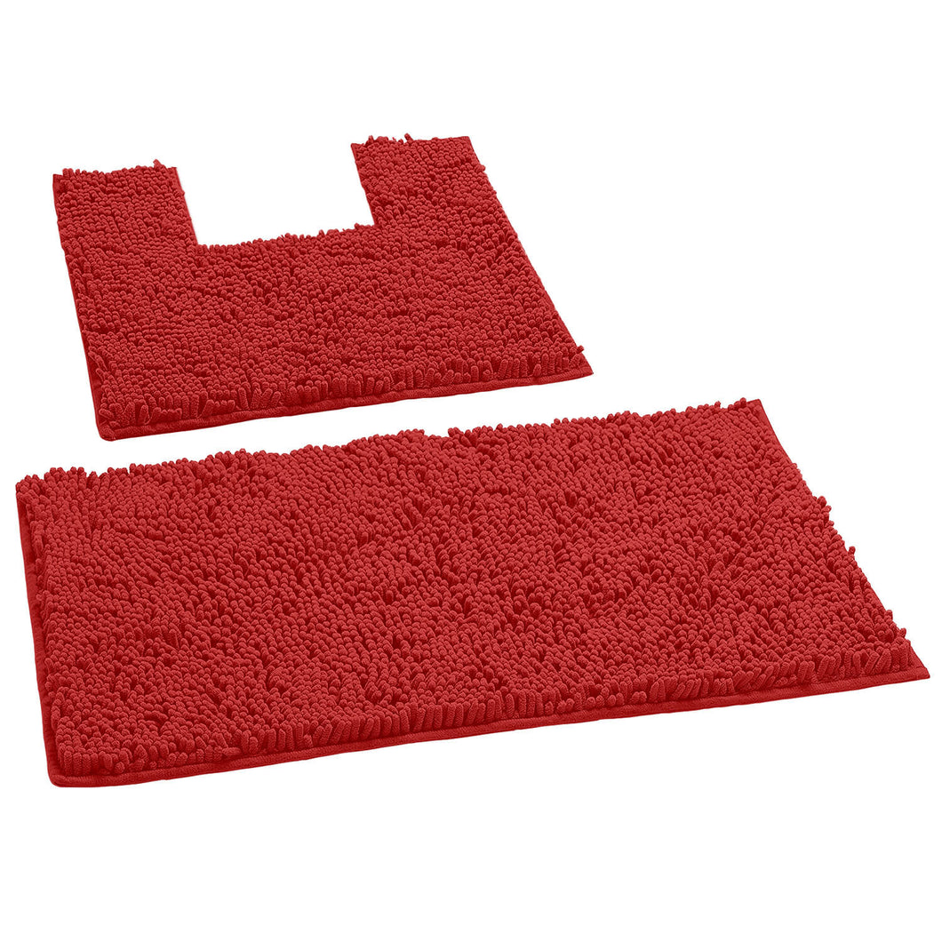 2 Piece Bath Rug + Square Cutout Toilet Mat Set, Red