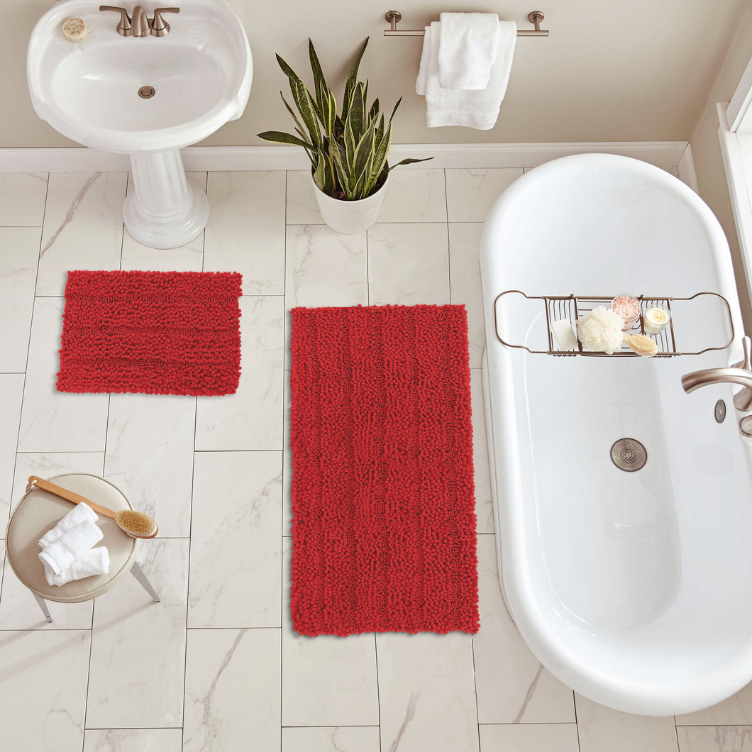 2 Piece Rectangular Bath Rug Set, 15x23 + 24x36 inch, Red