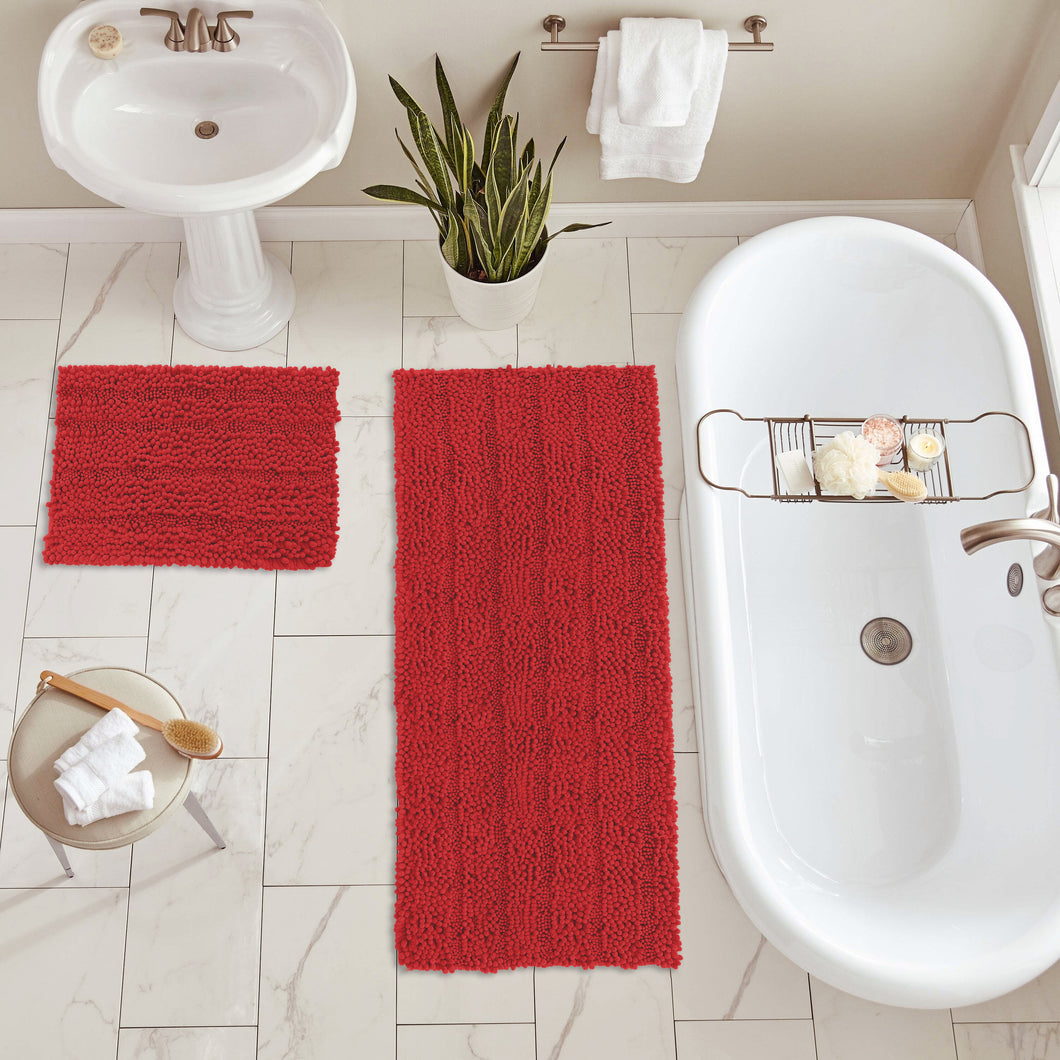 2 Piece Rectangular Bath Rug Set, 15x23 + 27x47 inch, Red