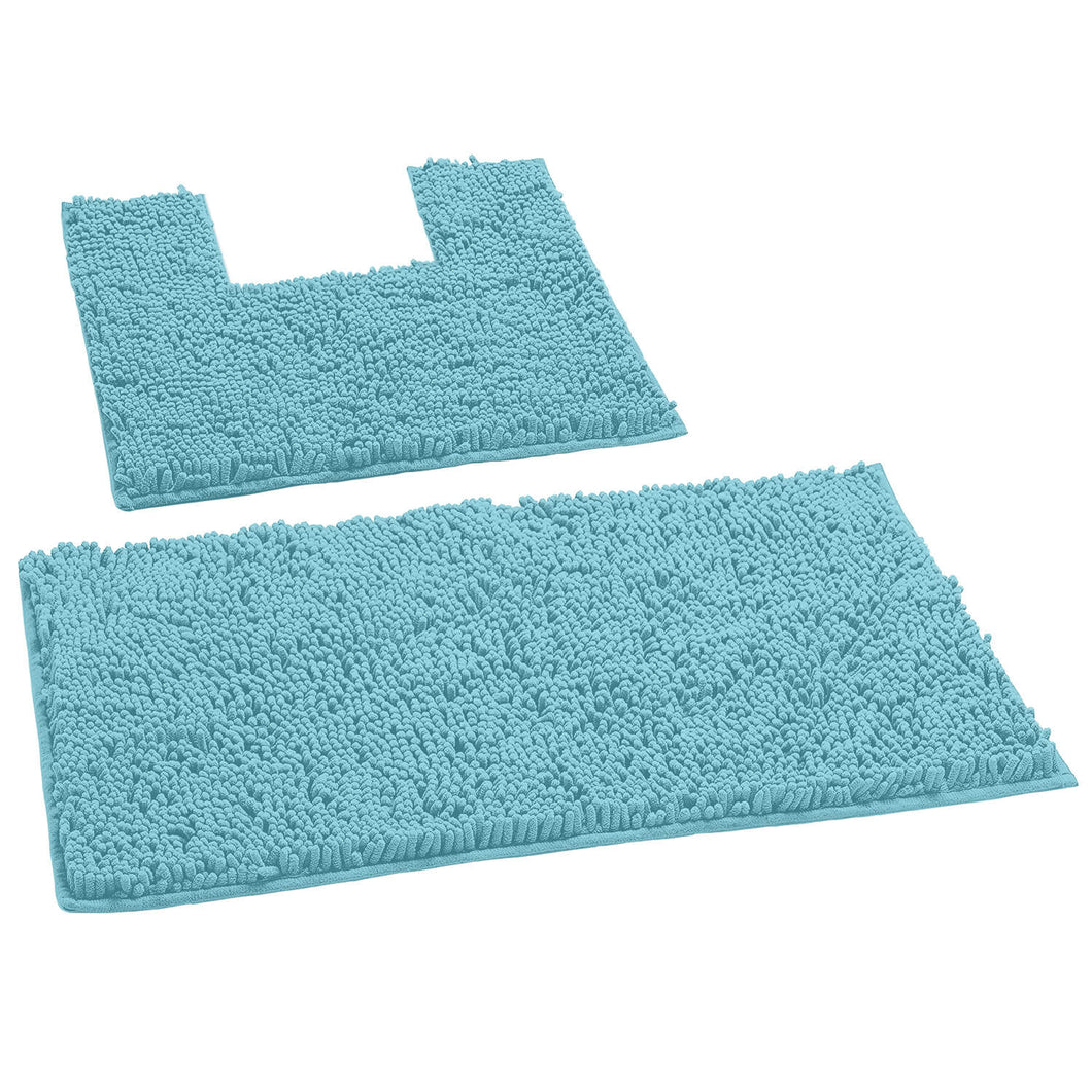 2 Piece Bath Rug + Square Cutout Toilet Mat Set, Spa Blue